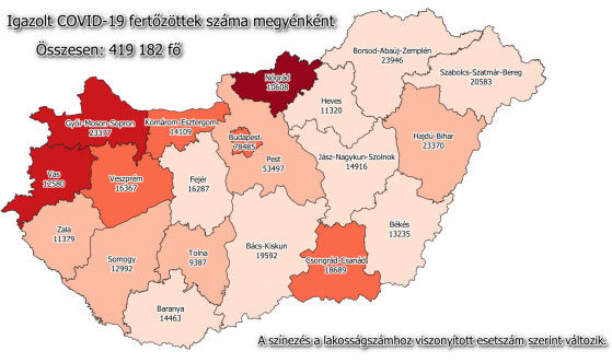 Koronavírus fertőzöttek száma Magyarországon, 2021. február 26-án