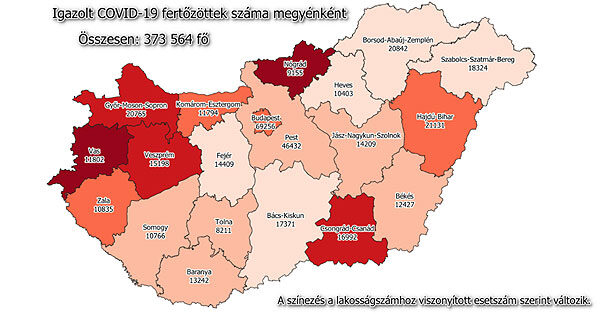 Koronavírus esetszám megyénként, 2021 február 5.