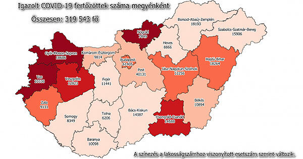 COVID-19 esetszám megyei bontásben, 2020. december 30.