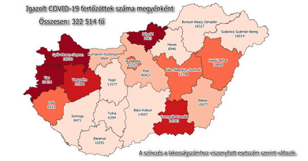 Koronavírus esetszám megyei bontásban, 2020. december 31.