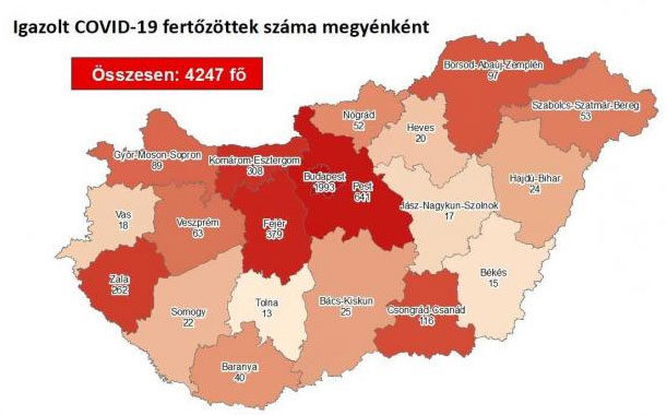 COVID-fertőzöttek száma megyei bontásban, 2020. július 13.