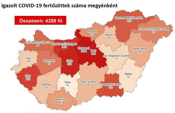 Koronavírus-fertőzöttek Magyarországon, megyei bontásban, 2020. július 14.