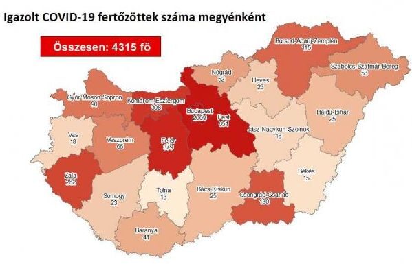 COVID-19-fertőzöttek száma megyénként, 2020 július 18.