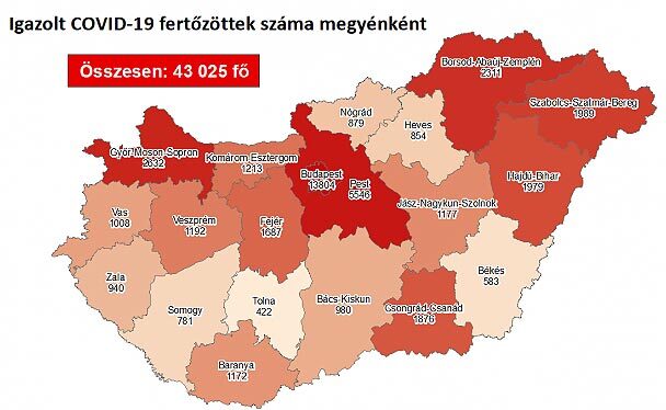 COVID-19 fertőzöttek száma megyénként, 2020. október 16.