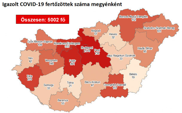 COVID-19-fertőzöttek megyei eloszlása 2020. augusztus 19.