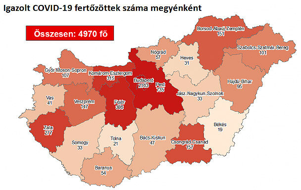 COVID-fertőzöttek száma megyénként, 2020 augusztus 18.