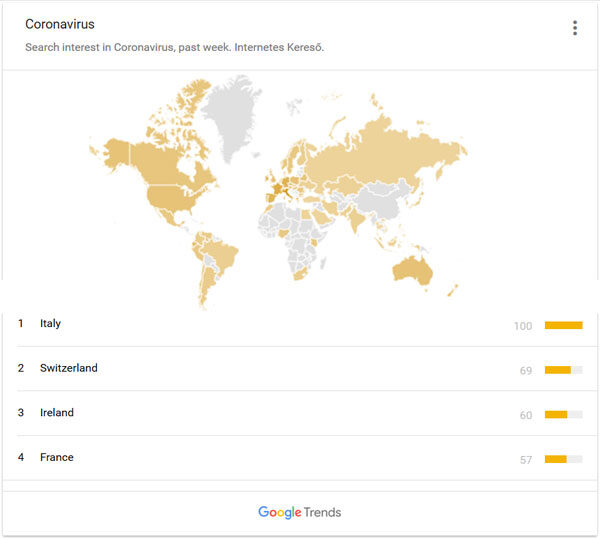 Google Trends térkép coronavirus kulcsszóra