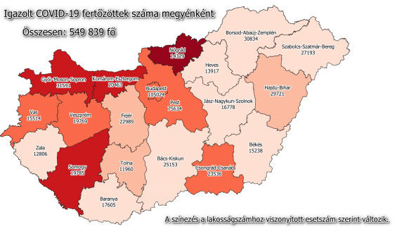 Koronavírus fertőzöttek száma megyei bontásban, 2021 március 19-én