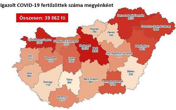 Koronavírus-fertőzöttek száma megyénként, 2020. október 13.