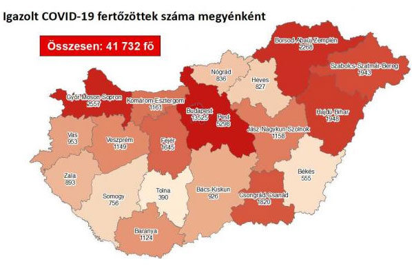 Koronavírus-fertőzöttek Magyarországon, megyénként, 2020. október 15.