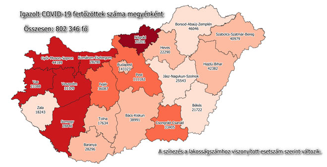 Igazolt COVID-19-fertőzöttek száma hazánkban megyénként 2021.05.24-én