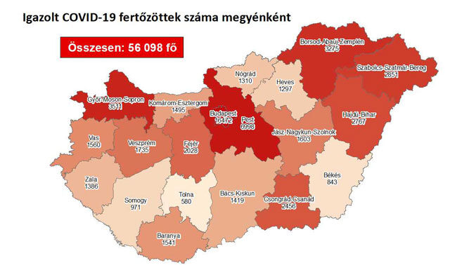 Igazolt COVID-19-fertőzöttek száma hazánkban megyénként 2020.10.24-én