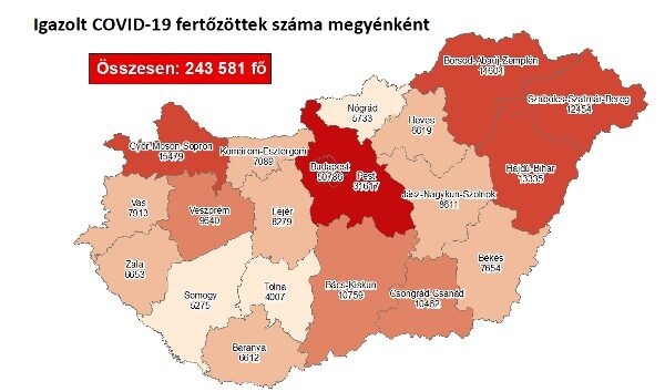 Igazolt COVID-19-fertőzöttek száma hazánkban megyénként 2020.12.5-én