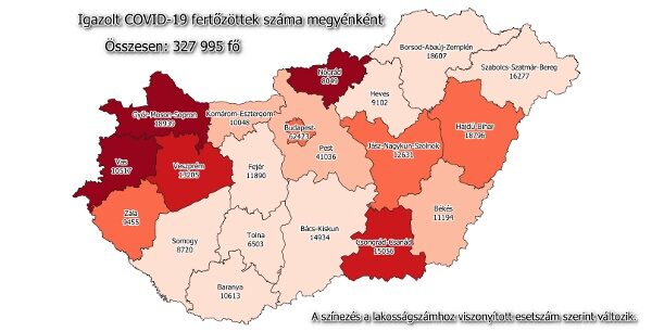 Igazolt COVID-19-fertőzöttek száma hazánkban megyénként 2021.01.3-án