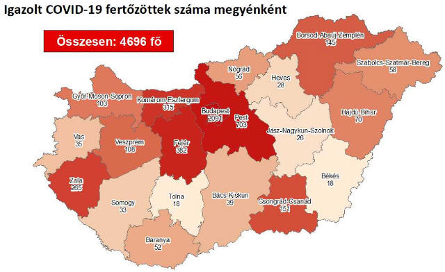 Igazolt COVID-19-fertőzöttek száma megyénként Magyarországon 2020.08.09-én