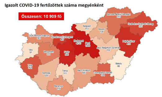 Igazolt COVID-19-fertőzöttek száma megyénkent hazánkban 2020.09.11-én